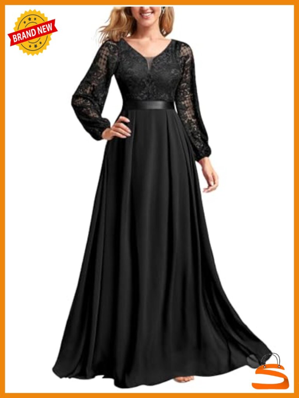 V-Neck Puff Sleeve Lace Chiffon Satin Waist Evening Gown Formal Dress